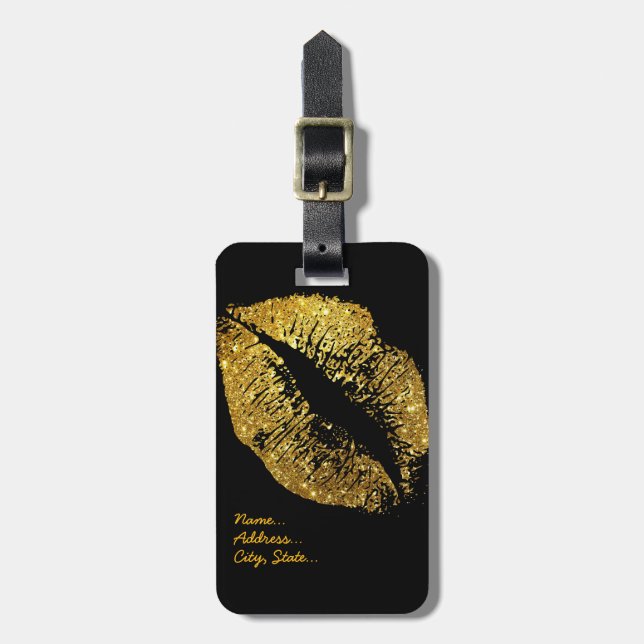 Gold Glitter Lips Luggage Tag (Front Vertical)