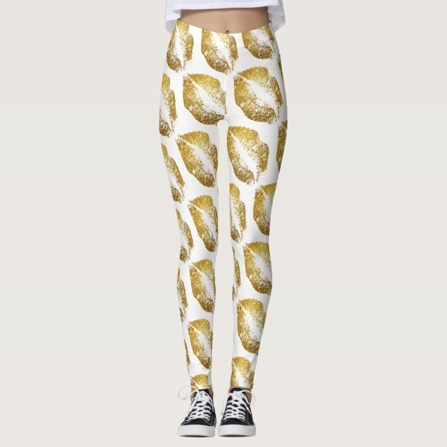 Gold Glitter Lips Modern White Leggings (Front)