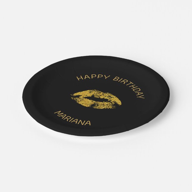 Gold Glitter Lips Over Black Background Paper Plate (Angled)
