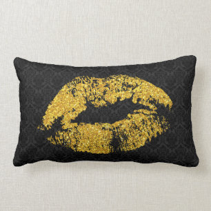 Gold Glitter Lips Over Black Damask Lumbar Cushion