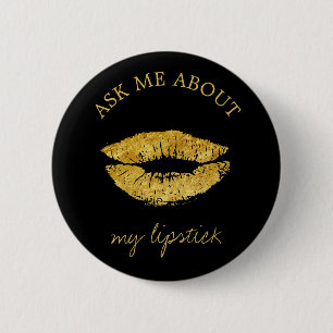 Gold glitter lips print black ask me promotional 6 cm round badge