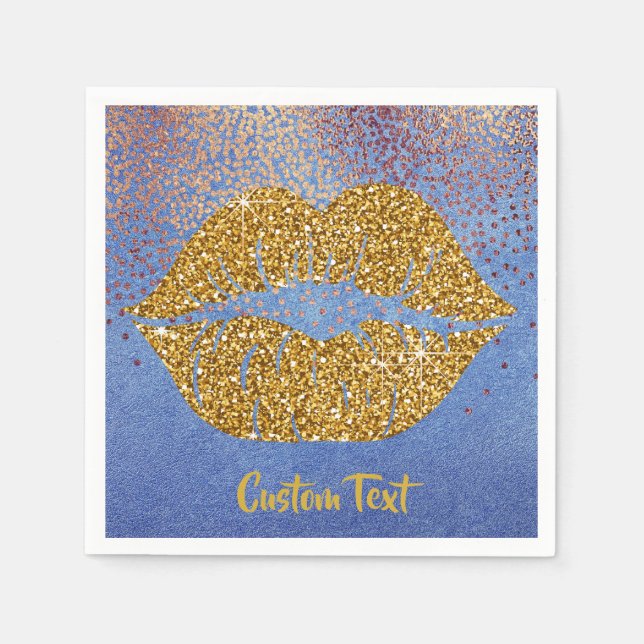 Gold Glitter Lips Sparkle Girly Glam Personalised Napkin (Front)