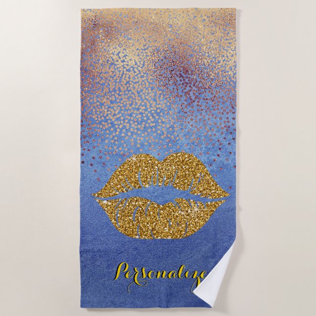 Gold Glitter Lips Sparkle Glam Personalised Beach Towel (Front)