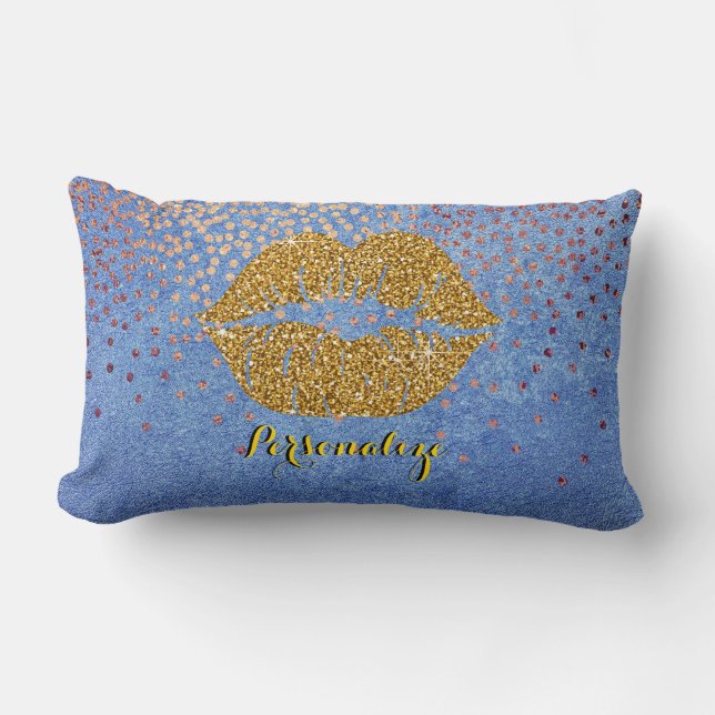 Gold Glitter Lips Sparkle Glam Personalised Lumbar Cushion (Front)