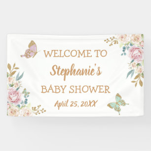 Gold Glitter Little Butterfly Baby Shower Backdrop Banner