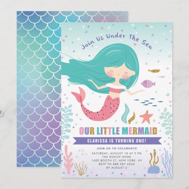 Gold Glitter Little Mermaid Kids Birthday Party Invitation (Front/Back)