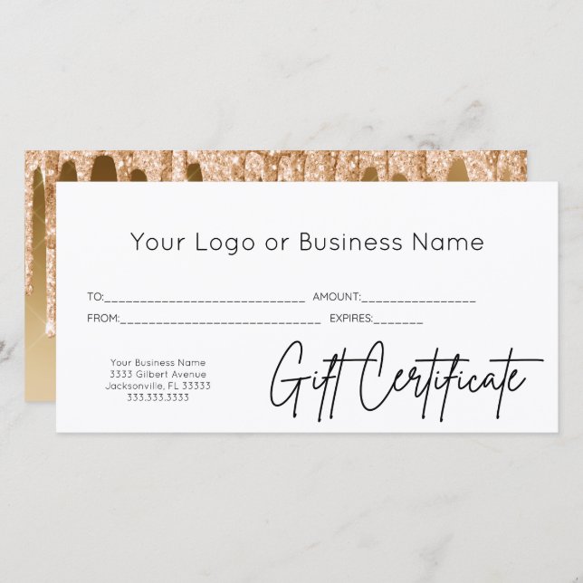 Gold Glitter Logo Script Business Gift Certificate (Front/Back)