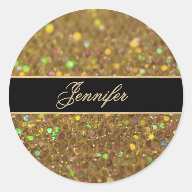 Gold Glitter Look Artwork Classic Round Sticker (Front)