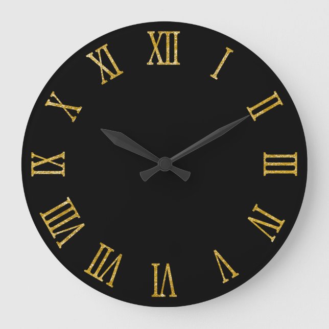 Gold Glitter Look Bold Roman Numerals Black Large Clock (Front)