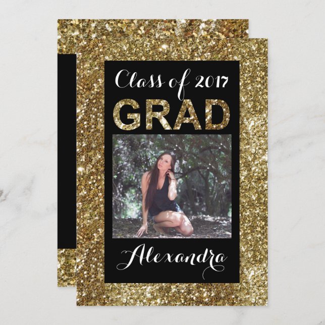 Gold Glitter-Look Class of 2017 Photo Graduation Invitation (Front/Back)
