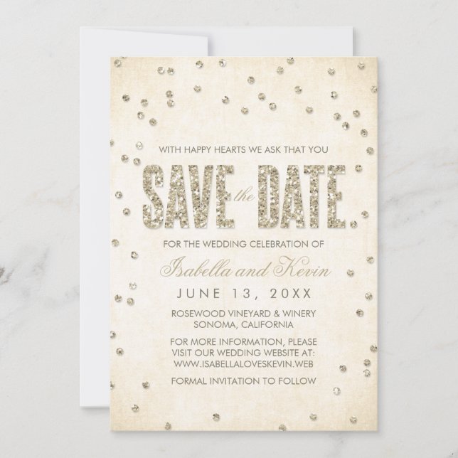 Gold Glitter Look Confetti Dots Save the Date (Front)
