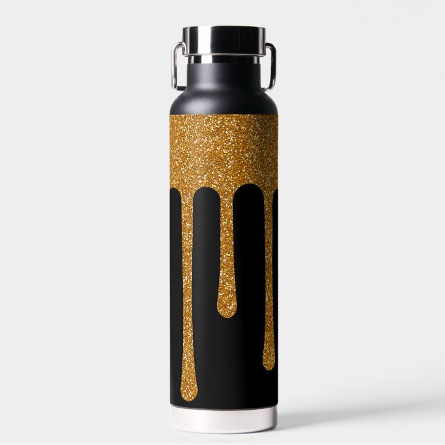 Gold Glitter Look Dripping Drips Water Bottle (Front)