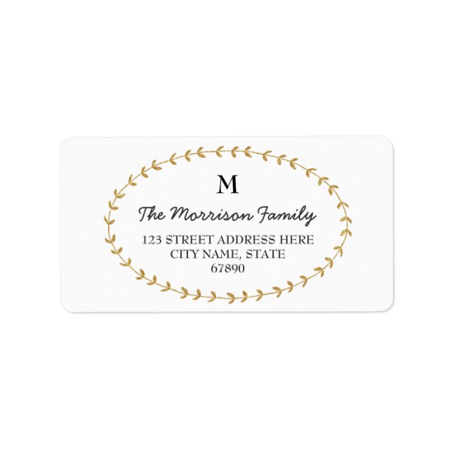 Gold Glitter Look Laurel Monogram Address Labels (Front)