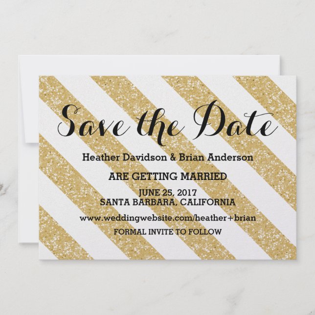 Gold Glitter Look Stripes Save the Date Invite (Front)
