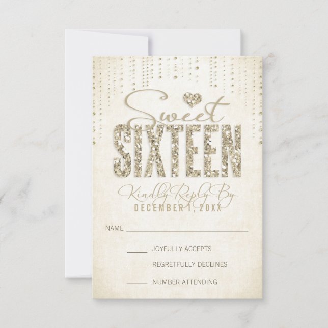 Gold Glitter Look Sweet Sixteen RSVP Card (Front)