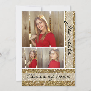 Gold Glitter-Look Three 3 Photo Graduation Invitation