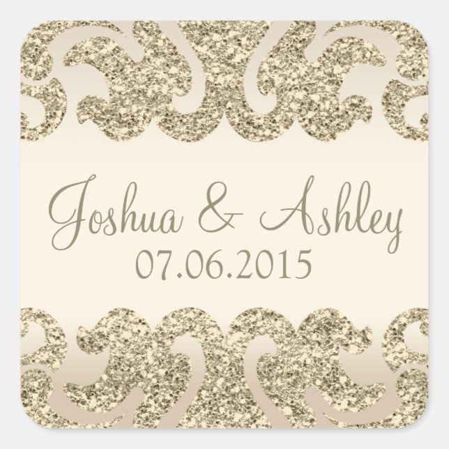 Gold Glitter Look Wedding Square Sticker (Front)