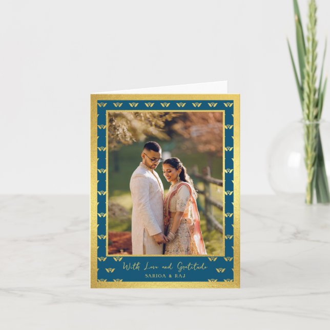 Gold Glitter Lotus Flower Wedding Photo Folded Thank You Card (Front)