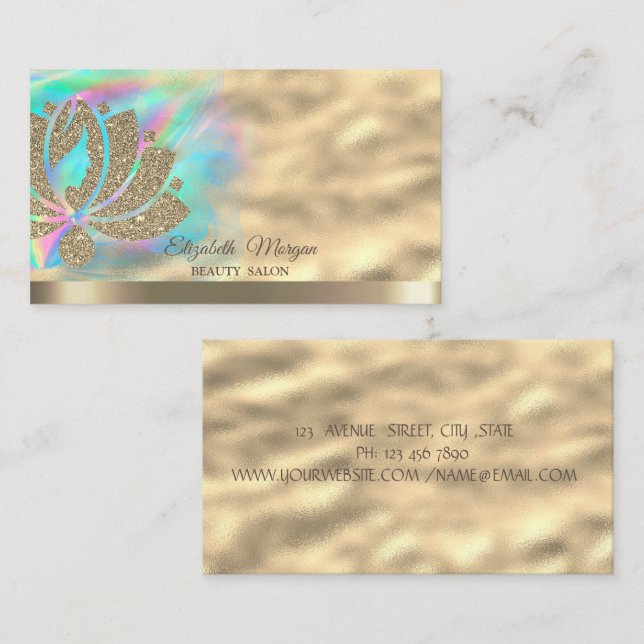 Gold Glitter Lotus Holographic Ink Beauty  Business Card (Front/Back)