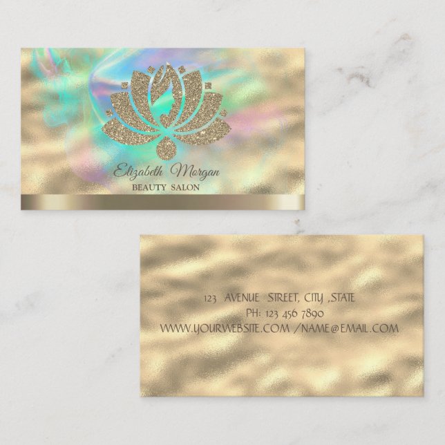 Gold Glitter Lotus Holographic Ink Beauty Salon  Business Card (Front/Back)