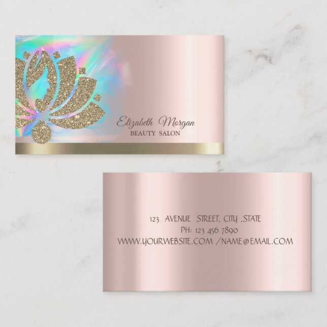 Gold Glitter Lotus Holographic Ink Rose Gold  Business Card (Front/Back)