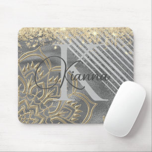 Gold Glitter Lotus Mandala Monogram Mouse Pad