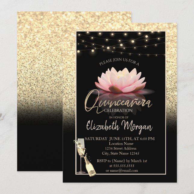 Gold Glitter,Lotus,Wine Glass Quinceanera Invitation (Front/Back)