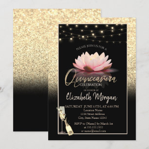Gold Glitter,Lotus,Wine Glass Quinceanera Invitation