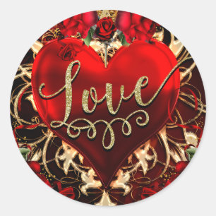 Gold Glitter Love Heart & Red Roses Party Favour Classic Round Sticker