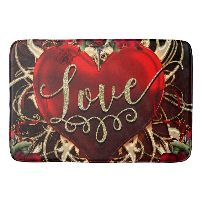 Gold Glitter Love Heart & Red Roses Romantic Bath Mat (Front)
