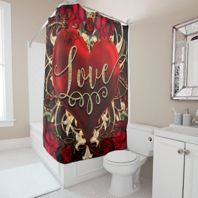 Gold Glitter Love Heart & Red Roses Romantic Shower Curtain (In Situ)