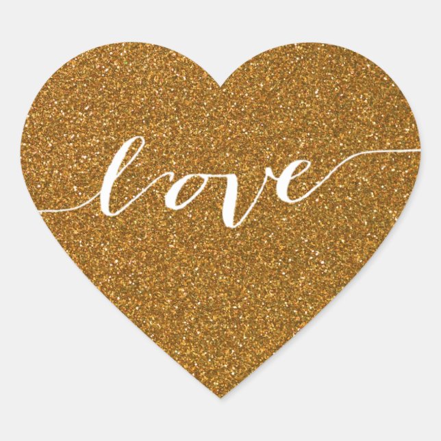 Gold Glitter Love Heart Wedding Favour Heart Sticker (Front)