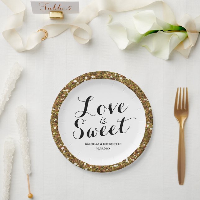 Gold Glitter Love is Sweet Paper Plate (Wedding)