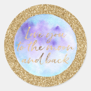 Gold glitter love you to the moon watercolor classic round sticker