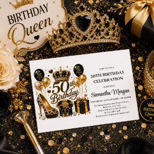 Gold Glitter Luxe Black Fifty And Fabulous Party I Invitation