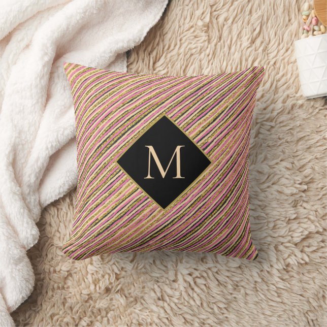 Gold Glitter Luxury Monogram Stripes Cushion (Blanket)
