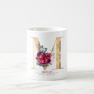 Gold Glitter M Monogram Floral Burgundy Red Coffee Mug