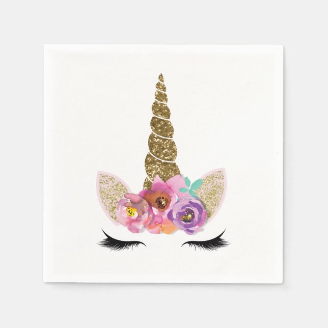 Gold Glitter Magical Unicorn Horn Birthday Party Napkin (Front)