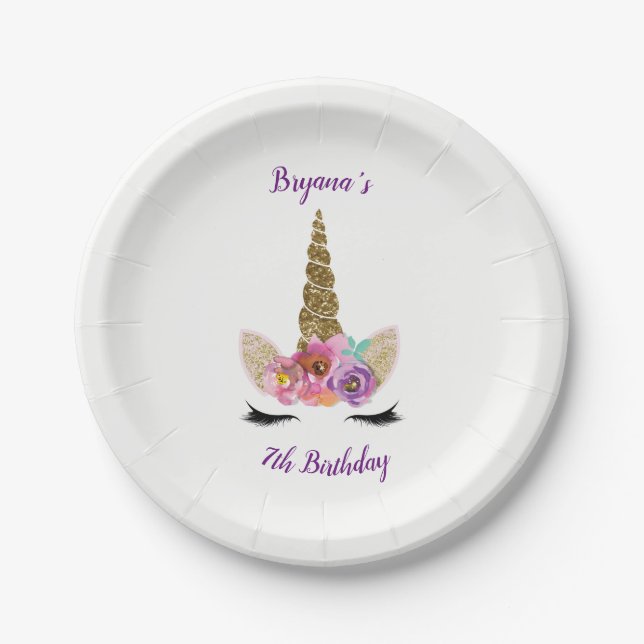 Gold Glitter Magical Unicorn Horn Birthday Party Paper Plate (Front)