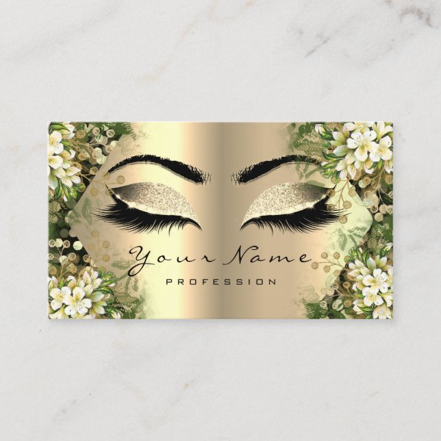 Gold Glitter Makeup Artist Lashes Floral Black Business Card (Front)