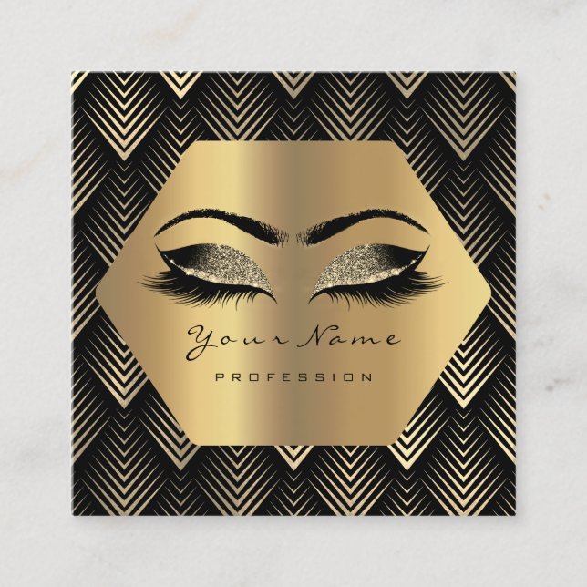 Gold Glitter Makeup Lashes Black Gold Art Deco Square Business Card (Front)