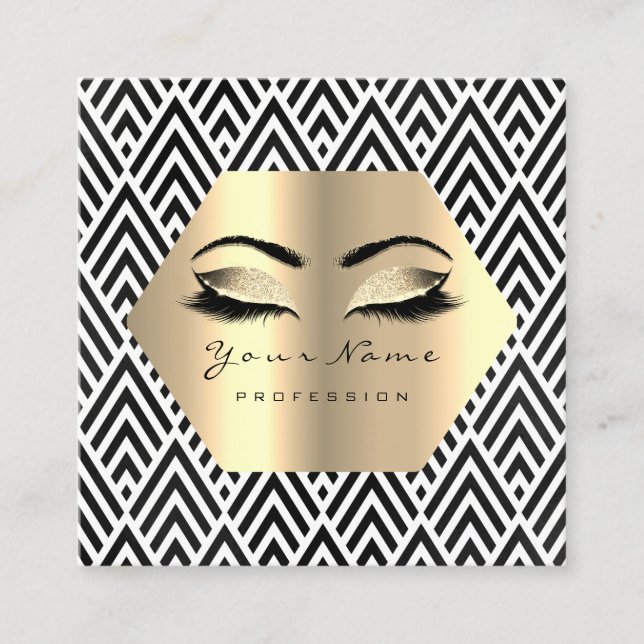 Gold Glitter Makeup Lashes Black White Chevron Square Business Card (Front)