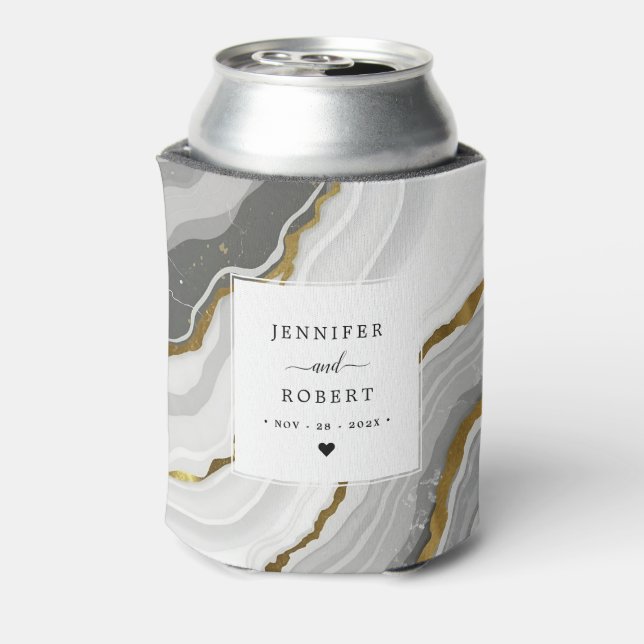 Gold Glitter Marble Agate Monogram Wedding Design  Can Cooler (Can Back)