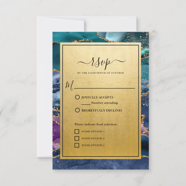 Gold Glitter Marble Agate Wedding RSVP Card (Front)