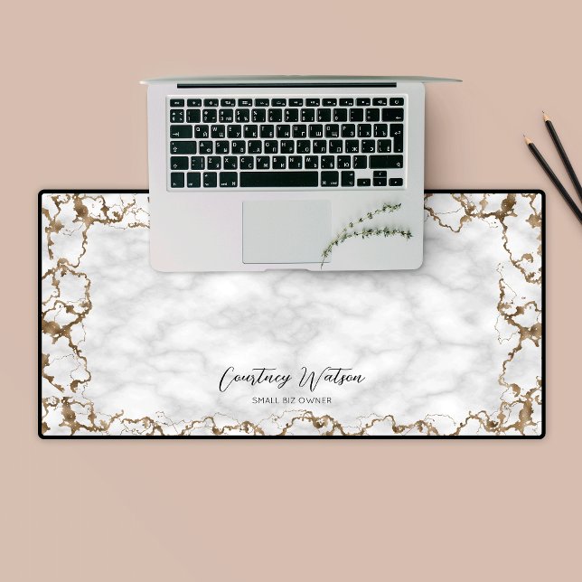 Gold Glitter Marble Elegant Pattern Business Name Desk Mat (Elegant gold glitter marble desk mat with custom name or logo)