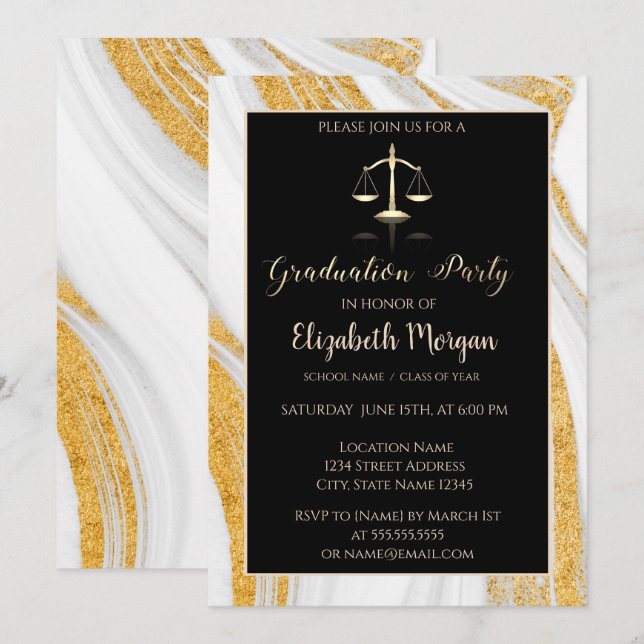 Gold Glitter Marble Law School Graduation Party Invitation (Front/Back)