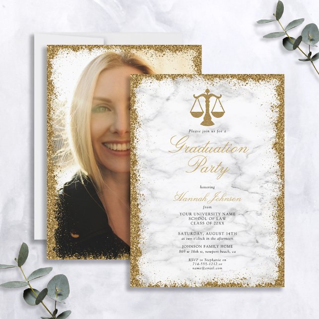 Gold Glitter Marble Law School Graduation Party Invitation (Creator Uploaded)