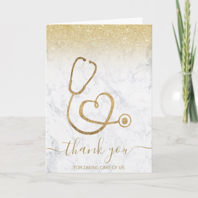 Gold glitter marble stethoscope nurse thank you card (Front)