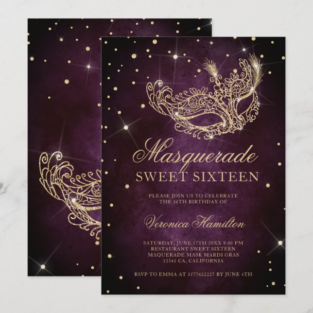 gold glitter masquerade mask plum Sweet 16 Invitation (Front/Back)