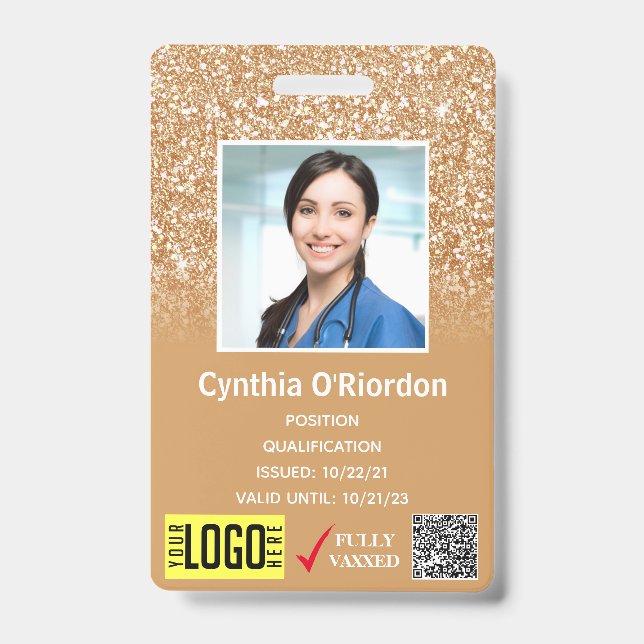 Gold Glitter Medical Photo ID QR Barcode Badge (Front)